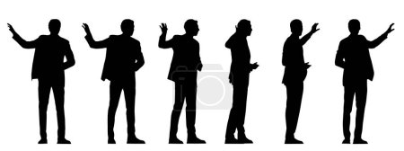 Téléchargez les illustrations : Concept vectoriel silhouette noire conceptuelle d'un homme d'affaires faisant une présentation à partir de différentes perspectives isolées sur le blanc. Une métaphore pour la confiance, le leadership, les affaires, la compétence et la vision - en licence libre de droit