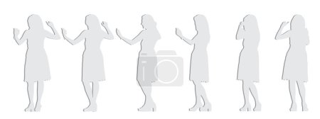 Illustration for Vector concept conceptual gray paper cut silhouette of a woman taking a selfie  isolated on white background. A metaphor for beauty, fashion, leisure, technology, trend, social media and lifestyle - Royalty Free Image