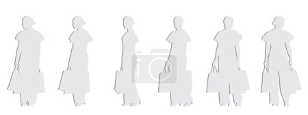Téléchargez les illustrations : Concept vectoriel silhouette en papier gris conceptuel découpée d'une femme tenant des sacs à provisions de différentes perspectives isolées sur fond blanc. Une métaphore pour le shopping, les affaires, les loisirs et le mode de vie - en licence libre de droit