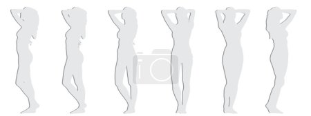 Téléchargez les illustrations : Concept vectoriel papier gris conceptuel silhouette découpée d'une femme en maillot de bain à partir de différentes perspectives isolées sur fond blanc. Une métaphore pour la beauté, la séduction, la forme physique, la santé et le mode de vie - en licence libre de droit