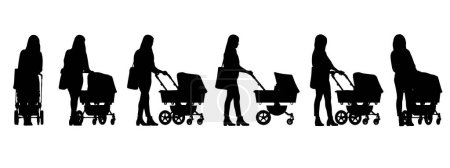 Ilustración de Concepto vectorial silueta negra conceptual de una mujer empujando un cochecito de bebé desde diferentes perspectivas aisladas sobre fondo blanco. Una metáfora de la maternidad, la familia, el amor y el estilo de vida - Imagen libre de derechos