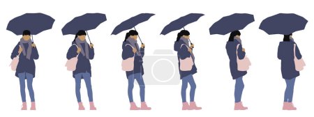 Ilustración de Concepto vectorial silueta conceptual de una mujer sosteniendo un paraguas desde diferentes perspectivas aisladas sobre fondo blanco. Una metáfora de protección, estación, naturaleza y vida urbana - Imagen libre de derechos