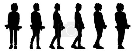 Téléchargez les illustrations : Concept vectoriel silhouette noire conceptuelle d'une fille tenant une planche à roulettes dans les mains de différentes perspectives isolées sur fond blanc. Une métaphore pour le plaisir, le jeu et l'enfance - en licence libre de droit
