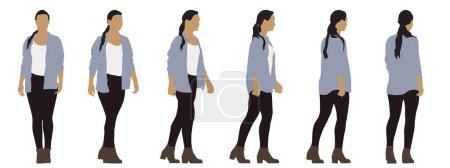 Concepto vectorial silueta conceptual de una mujer casualmente vestida caminando desde diferentes perspectivas aislada sobre fondo blanco. Una metáfora para la relajación, cómodo, práctico y estilo de vida