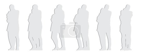 Illustration for Vector concept conceptual gray paper cut silhouette of a couple hugging each other from different perspectives isolated on white background. A metaphor for love, happiness, relationship, family and lifestyle - Royalty Free Image