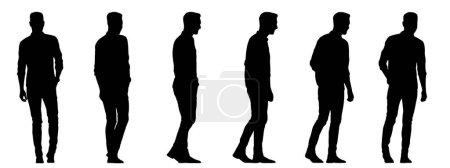 Ilustración de Concepto vectorial silueta negra conceptual de un hombre vestido casualmente caminando desde diferentes perspectivas aislado sobre fondo blanco. Una metáfora para la relajación, cómodo, práctico y estilo de vida - Imagen libre de derechos