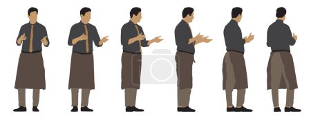 Ilustración de Concepto vectorial silueta conceptual de un camarero masculino tomando un orden desde diferentes perspectivas aisladas sobre fondo blanco. Una metáfora para el trabajo, los negocios, la relajación y el estilo de vida - Imagen libre de derechos