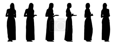 Ilustración de Concepto vectorial silueta negra conceptual de una mujer en un vestido elegante desde diferentes perspectivas aisladas sobre fondo blanco. Una metáfora de la belleza, la moda, el entretenimiento y el estilo de vida - Imagen libre de derechos