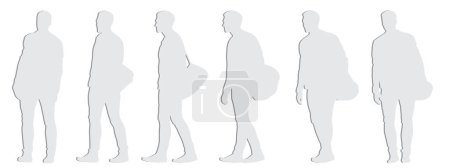 Ilustración de Concepto vectorial silueta de corte de papel gris conceptual de un hombre que lleva una bolsa de lona desde diferentes perspectivas aisladas sobre fondo blanco. Una metáfora del deporte, la aptitud, los viajes y el estilo de vida activo - Imagen libre de derechos