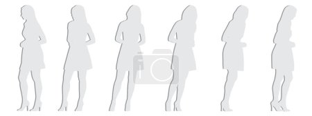 Illustration for Vector concept conceptual gray paper cut silhouette of a young woman from different perspectives isolated on white background. A metaphor for youth, free time, leisure anf lifestyle - Royalty Free Image