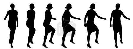Ilustración de Concepto vectorial silueta negra conceptual de una mujer de negocios caminando desde diferentes perspectivas aisladas en blanco. Una metáfora del éxito, la educación, los negocios, la confianza, el liderazgo y la visión - Imagen libre de derechos