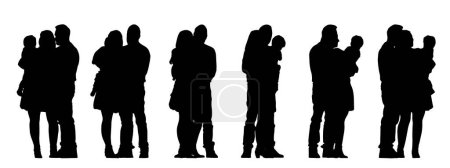 Illustration for Vector concept conceptual black silhouette of a family holding their baby from different perspectives isolated on white background. A metaphor for parenting, childhood, happiness, family and love - Royalty Free Image
