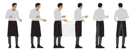 Ilustración de Concepto vectorial silueta negra conceptual de un camarero masculino tomando un orden desde diferentes perspectivas aisladas sobre fondo blanco. Una metáfora para el trabajo, los negocios, la relajación y el estilo de vida - Imagen libre de derechos