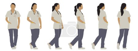 Illustration for Vector concept conceptual silhouette of a woman in white scrubs with a stethoscope from different perspectives isolated on white background. A metaphor for healthcare, treatment and help - Royalty Free Image
