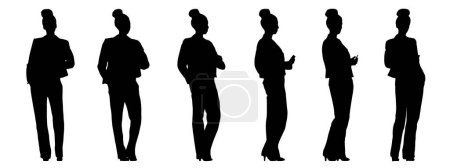 Téléchargez les illustrations : Concept vectoriel silhouette noire conceptuelle d'une femme élégante vérifiant son téléphone à partir de différentes perspectives isolées sur blanc. Une métaphore pour le décontracté, la mode, la relaxation, les loisirs et le mode de vie - en licence libre de droit