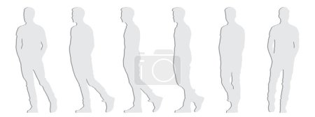 Concepto vectorial silueta de corte de papel gris conceptual de un joven que camina desde diferentes perspectivas aisladas en blanco. Una metáfora del casual, la moda, la relajación, el ocio y el estilo de vida