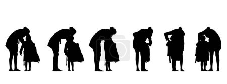 Téléchargez les illustrations : Concept vectoriel silhouette noire conceptuelle d'une mère aidant sa fille à obtenir robe de différentes perspectives isolées sur blanc. Une métaphore pour le rôle parental, la maternité, l'enfance, la famille et l'amour - en licence libre de droit