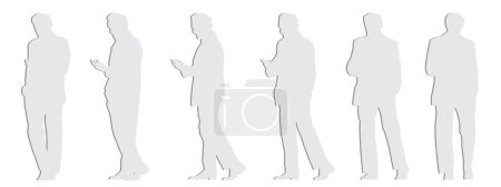 Illustration for Vector concept conceptual gray paper cut silhouette of a man checking his phone from different perspectives isolated on white background. A metaphor for communication, connection, leisure and lifestyle - Royalty Free Image
