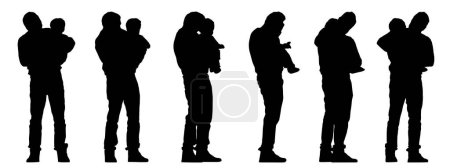 Illustration for Vector concept conceptual black silhouette of a father holding a baby from different perspectives isolated on white background. A metaphor for parenting, childhood, happiness, family and love - Royalty Free Image