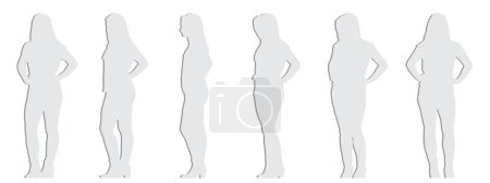 Concepto vectorial silueta de corte de papel gris conceptual de una mujer casualmente vestida de pie desde diferentes perspectivas aisladas sobre fondo blanco. Una metáfora para la relajación, cómodo, práctico y estilo de vida