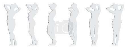 Illustration for Vector concept conceptual gray paper cut silhouette of a woman in a bathing suit from different  perspectives isolated on white background.  A metaphor for beauty, seduction, fitness, health and lifestyle - Royalty Free Image