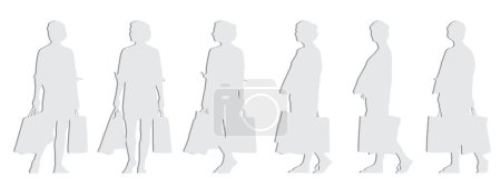 Illustration for Vector concept conceptual gray paper cut silhouette of a woman holding shopping bags  from different perspectives isolated on white background. A metaphor for shopping, business, leisure  and lifestyle - Royalty Free Image