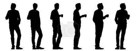 Concepto vectorial silueta negra conceptual de un hombre vestido casualmente sosteniendo una taza en la mano desde diferentes perspectivas aisladas sobre fondo blanco. Una metáfora para tomar un descanso, descanso y relajación