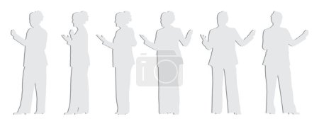 Téléchargez les illustrations : Concept vectoriel silhouette en papier gris conceptuel découpée d'une femme d'affaires faisant une présentation à partir de différentes perspectives isolées sur le blanc. Une métaphore pour la confiance, le leadership, les affaires, la compétence, la vision - en licence libre de droit