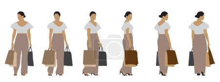 Ilustración de Concepto vectorial silueta conceptual de una mujer sosteniendo bolsas de compras desde diferentes perspectivas aisladas sobre fondo blanco. Una metáfora de compras, negocios, ocio y estilo de vida - Imagen libre de derechos