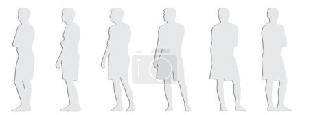 Ilustración de Concepto vectorial silueta de corte de papel gris conceptual de un joven en pantalones cortos de pie desde diferentes perspectivas aisladas sobre fondo blanco. Una metáfora del deporte, la aptitud, la salud y el bienestar - Imagen libre de derechos