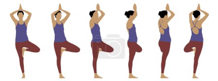Ilustración de Concepto vectorial silueta conceptual de una mujer haciendo una pose de yoga desde diferentes perspectivas aisladas sobre fondo blanco. Una metáfora del equilibrio, la salud, la concentración, la forma física y el estilo de vida - Imagen libre de derechos