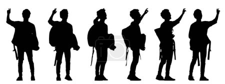 Téléchargez les illustrations : Concept vectoriel silhouette noire conceptuelle d'un jeune homme avec un sac à dos debout à partir de différentes perspectives isolées sur fond blanc. Une métaphore pour le voyage, l'aventure, la détente et le mode de vie - en licence libre de droit