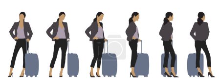 Illustration for Vector concept conceptual silhouette of a woman with luggage standing from different perspectives isolated on white background. A metaphor for travelling, vacation, business and lifestyle - Royalty Free Image