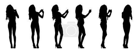 Illustration for Vector concept conceptual black silhouette of a woman taking a selfie  isolated on white background. A metaphor for beauty, fashion, leisure, technology, trend, social media and lifestyle - Royalty Free Image
