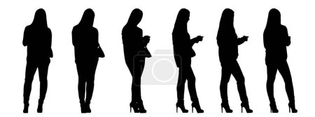 Illustration for Vector concept conceptual black silhouette of a woman checking her phone from different perspectives isolated on white background. A metaphor for communication, connection, leisure and lifestyle - Royalty Free Image