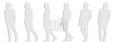 Concept vectoriel papier gris conceptuel découpé silhouette d'un jeune homme marchant à partir de différentes perspectives isolées sur blanc. Une métaphore pour le décontracté, la mode, la relaxation, les loisirs et le mode de vie