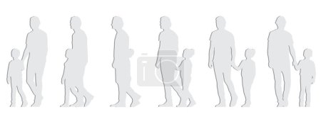 Ilustración de Concepto vectorial de papel gris conceptual silueta cortada de un padre sosteniendo a su hija de la mano desde diferentes perspectivas aisladas en blanco. Una metáfora para la paternidad, la paternidad, la infancia, la familia y el amor - Imagen libre de derechos
