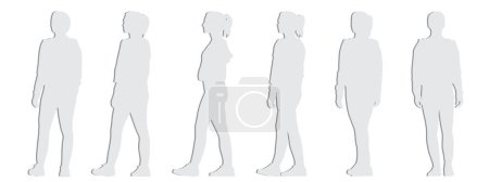 Ilustración de Concepto vectorial silueta de corte de papel gris conceptual de una mujer casualmente vestida de pie desde diferentes perspectivas aisladas sobre fondo blanco. Una metáfora para la relajación, cómodo, práctico y estilo de vida - Imagen libre de derechos