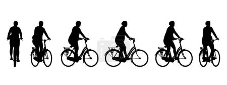 Illustration for Vector concept conceptual black silhouette of a woman riding a bicycle from different perspectives isolated on white background. A metaphor for active, health, transport, leisure and lifestyle - Royalty Free Image