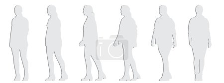 Vektor-Konzept konzeptuelle graue Papier geschnittene Silhouette einer Frau, die aus verschiedenen Perspektiven auf weißem Hintergrund isoliert geht. Eine Metapher für Entspannung, Komfort, Praktisches und Lebensstil