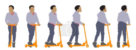 Ilustración de Concepto vectorial silueta conceptual de un niño montando un scooter desde diferentes perspectivas aisladas sobre fondo blanco. Una metáfora para el deporte y la diversión, ocio y transporte, estilo de vida - Imagen libre de derechos