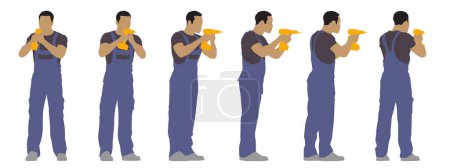 Illustration for Vector concept conceptual silhouette of a construction worker with a hammer-drill  from different perspectives isolated on white background. A metaphor for business, demolition and reconstruction - Royalty Free Image