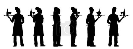 Illustration for Vector concept conceptual black silhouette of a female waiter serving drinks from different perspectives isolated on white background. A metaphor for working, business, relaxation and lifestyle - Royalty Free Image