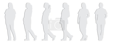 Illustration for Vector concept conceptual gray paper cut silhouette of a woman in white scrubs with a stethoscope from different perspectives isolated on white background. A metaphor for healthcare, treatment and help - Royalty Free Image