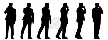 Ilustración de Concepto vectorial silueta negra conceptual del hombre hablando por teléfono desde diferentes perspectivas aisladas sobre fondo blanco. Una metáfora de comunicación, conexión, ocio y estilo de vida - Imagen libre de derechos
