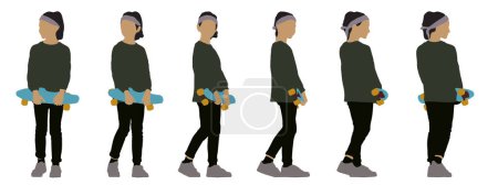 Téléchargez les illustrations : Concept vectoriel silhouette conceptuelle d'une fille tenant un skateboard dans les mains de différentes perspectives isolées sur fond blanc. Une métaphore pour le plaisir, le jeu et l'enfance - en licence libre de droit