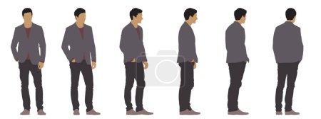 Ilustración de Concepto vectorial silueta conceptual de un hombre de pie, manos en bolsillos desde diferentes perspectivas aisladas sobre fondo blanco. Una metáfora de la confianza, la moda, los negocios y el estilo de vida - Imagen libre de derechos