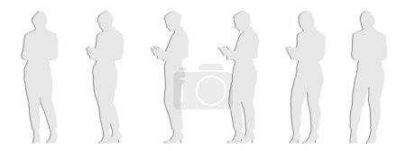 Téléchargez les illustrations : Concept vectoriel silhouette de coupe de papier gris conceptuel d'une femme vérifiant son téléphone à partir de différentes perspectives isolées sur blanc. Une métaphore pour la communication, la connexion, les loisirs et le mode de vie - en licence libre de droit