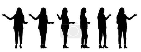 Téléchargez les illustrations : Concept vectoriel silhouette noire conceptuelle d'une femme d'affaires faisant une présentation à partir de différentes perspectives isolées sur le blanc. Une métaphore pour la confiance, le leadership, les affaires, la compétence, la vision - en licence libre de droit
