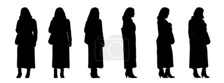 Téléchargez les illustrations : Concept vectoriel silhouette noire conceptuelle d'une femme âgée avec un sac de différentes perspectives isolé sur blanc. Une métaphore pour la vieillesse, la tradition, la sérénité, la paix et le mode de vie - en licence libre de droit